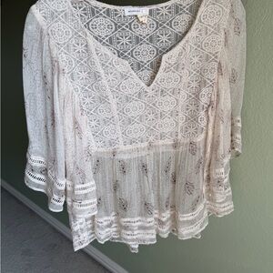 Anthropologie Meadow Rue Lace Embroidered Boho Peasant Blouse Cream XS